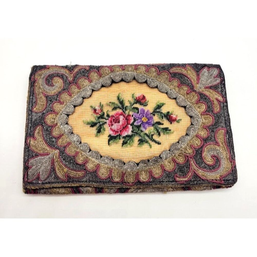 Rare Antique French Petit Point Embroidered Tapestry 19th Clutch Wallet Bag HTF